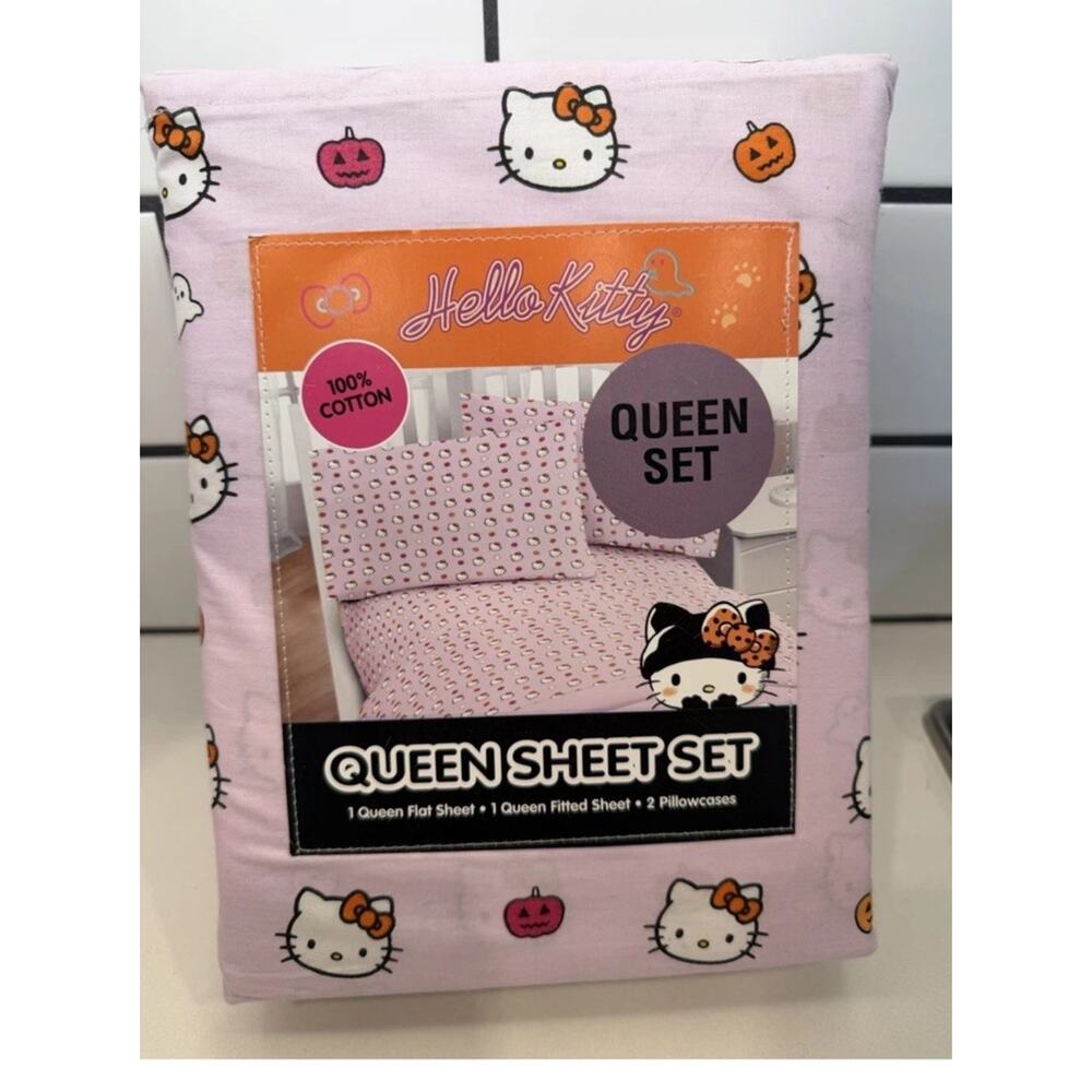 Hello Kitty 2024 Pink Halloween Pumpkin 4 Piece Queen Sheet Set NEW